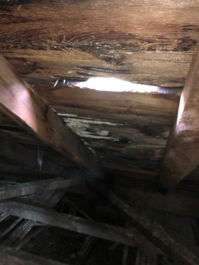 Closeup of hole in slate roof underlayment