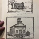 Sketches by Rose Miller Lenhart of first meeting house and first church building, in center of Vernon Center Green